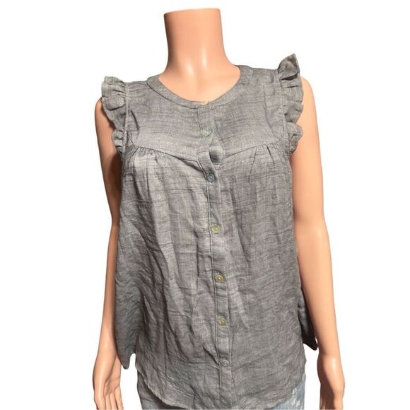 Doe&Rae women's button-up sleeveless ruffle shoulders charcoal tunic top S, M,L - Picture 2 of 6